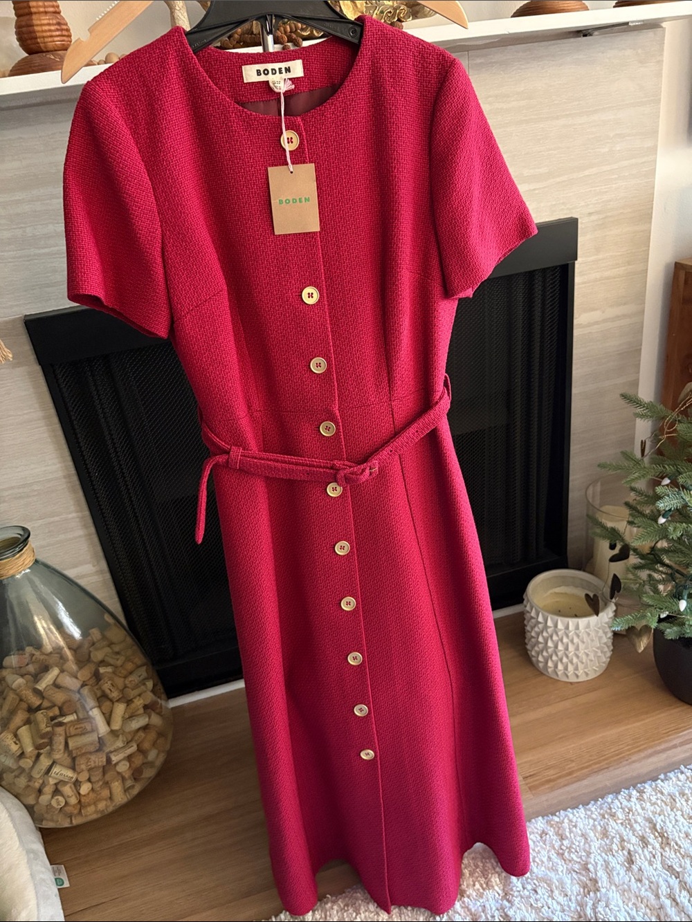 New with tags Boden Raspberry Red Button-Front Short Sleeve Belted Midi Dress